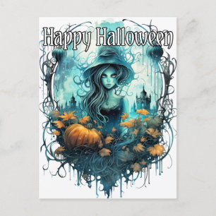 Carte Postale Illustration de sorcière d'automne   Bonne Hallowe