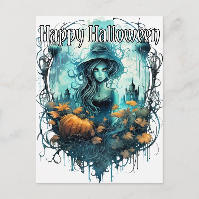 Carte Postale Illustration de sorcière d'automne | Bonne Hallowe (Devant)