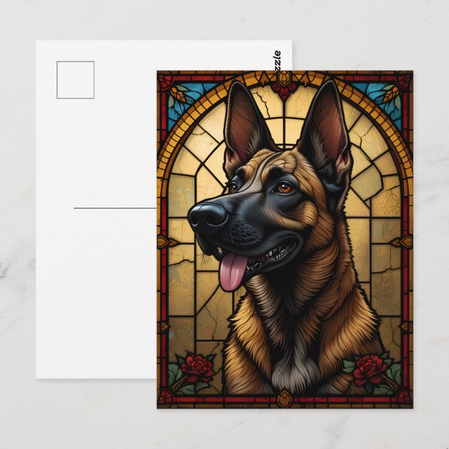 Carte Postale Illustration de style vitrail du Malinois belge (Devant / Derrière)