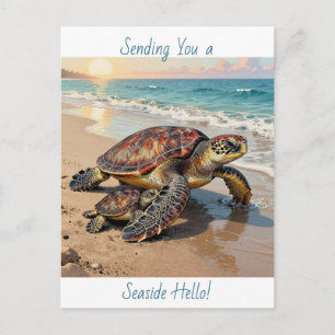 Carte Postale Illustration de tortue marine et bébé Dire bonjo