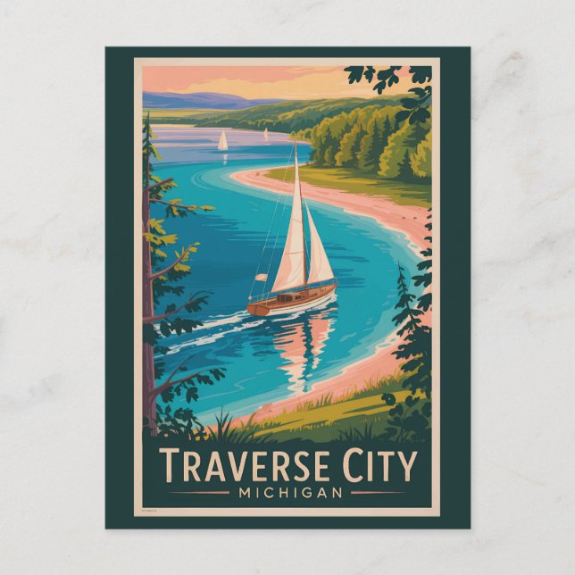 Carte Postale Illustration de Traverse City Michigan Art de voya (Devant)