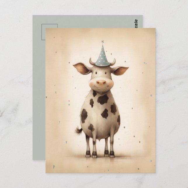 Carte Postale Illustration de vache heureuse (Devant / Derrière)