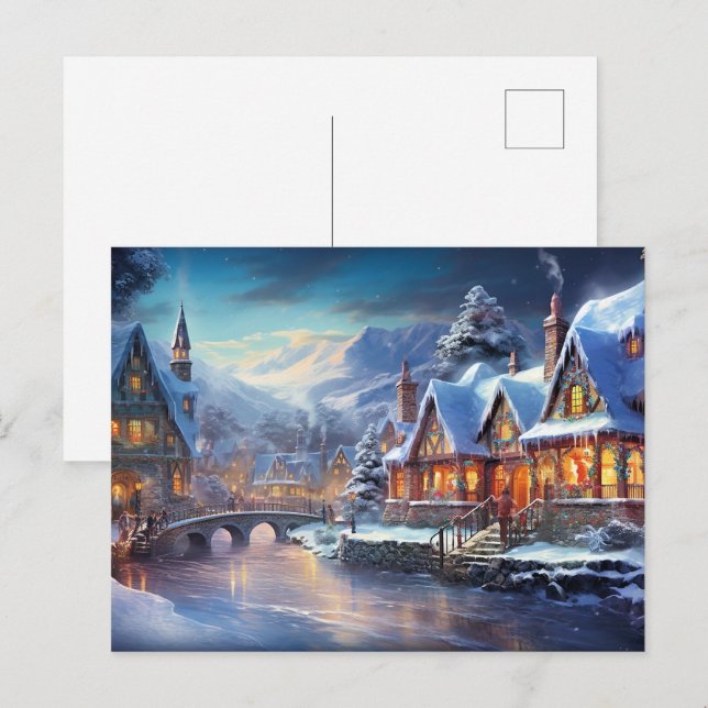 Carte Postale Illustration de village d'hiver (Devant / Derrière)