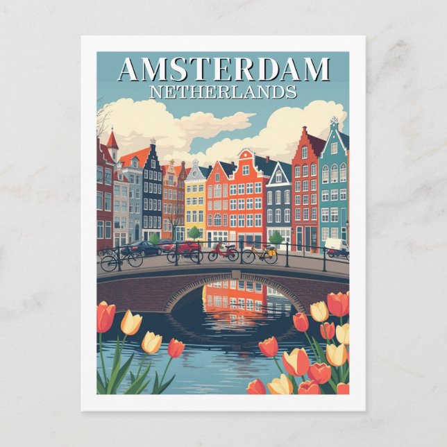 Carte Postale Illustration de voyage à vélo à Amsterdam aux Pays (Devant)