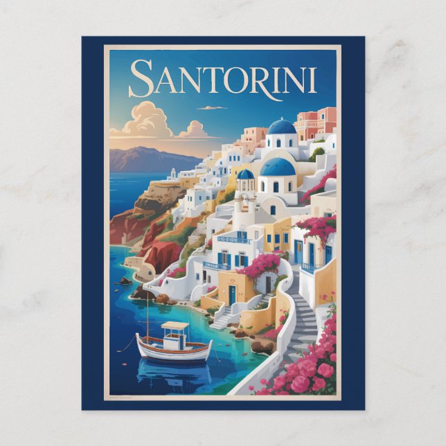 Carte Postale Illustration de voyage d'art vintage de Santorin G (Devant)