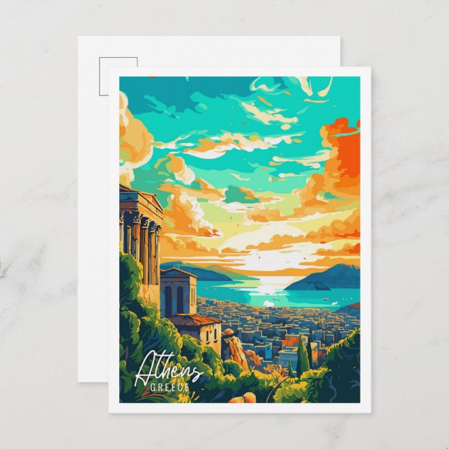 Carte Postale Illustration de voyage d'Athènes Grèce Art (Devant / Derrière)