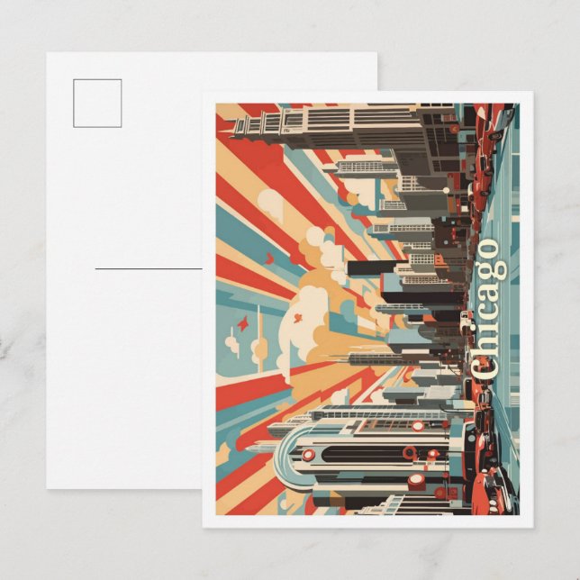 Carte Postale Illustration de voyage de Chicago Illinois Pop Art (Devant / Derrière)