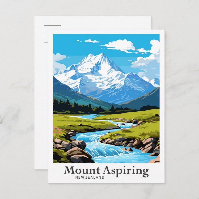 Carte Postale Illustration de voyage du Mont Aspiring en Nouvell (Devant / Derrière)