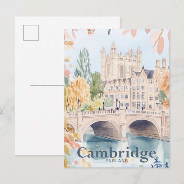 Carte Postale Illustration de voyage en aquarelle Cambridge Angl (Devant / Derrière)
