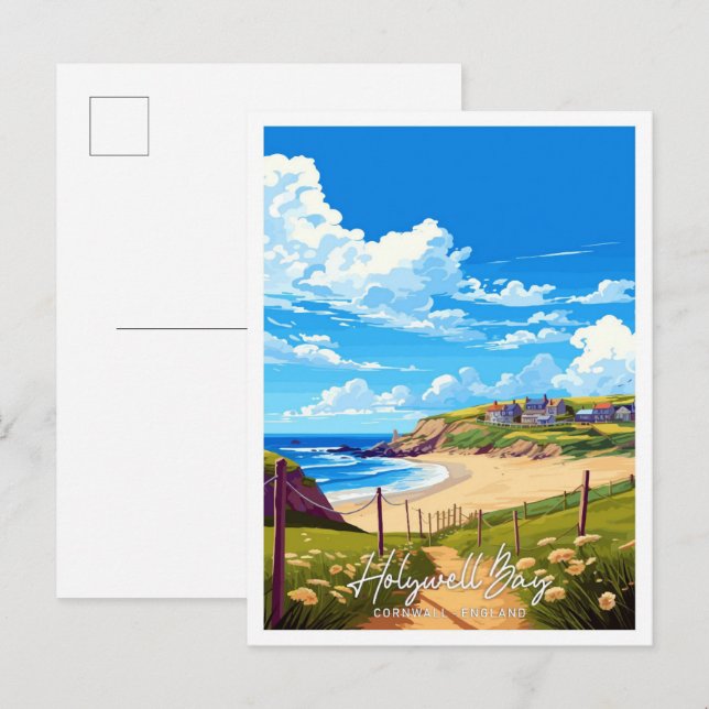 Carte Postale Illustration de voyage Holywell Bay Cornwall Angle (Devant / Derrière)