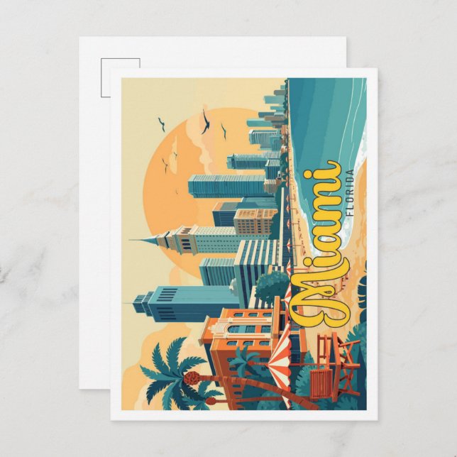 Carte Postale Illustration de voyage Miami Florida Pop Art (Devant / Derrière)