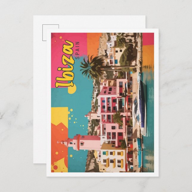 Carte Postale Illustration de voyage Pop Art Ibiza Espagne (Devant / Derrière)