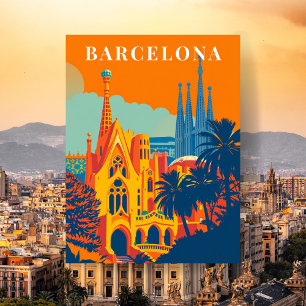 Carte Postale Illustration de voyage rétro à Barcelone en Espagn