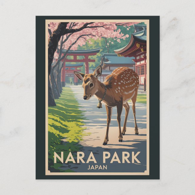 Carte Postale Illustration de voyage rétro de cerfs du parc Nara (Devant)