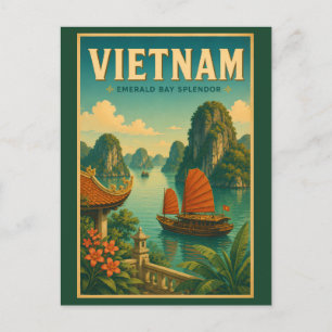 Carte Postale Illustration de voyage rétro de la baie d'Ha Long 