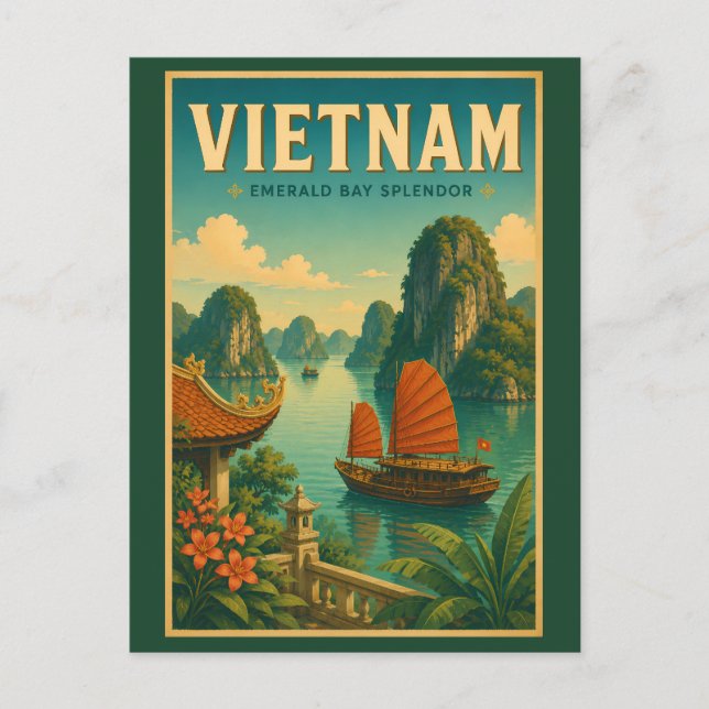 Carte Postale Illustration de voyage rétro de la baie d'Ha Long  (Devant)