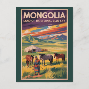Carte Postale Illustration de voyage rétro de yourte de chevaux 