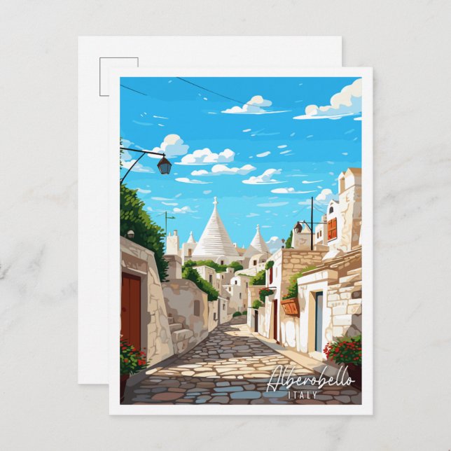Carte Postale Illustration de voyage vintage Alberobello Italie (Devant / Derrière)