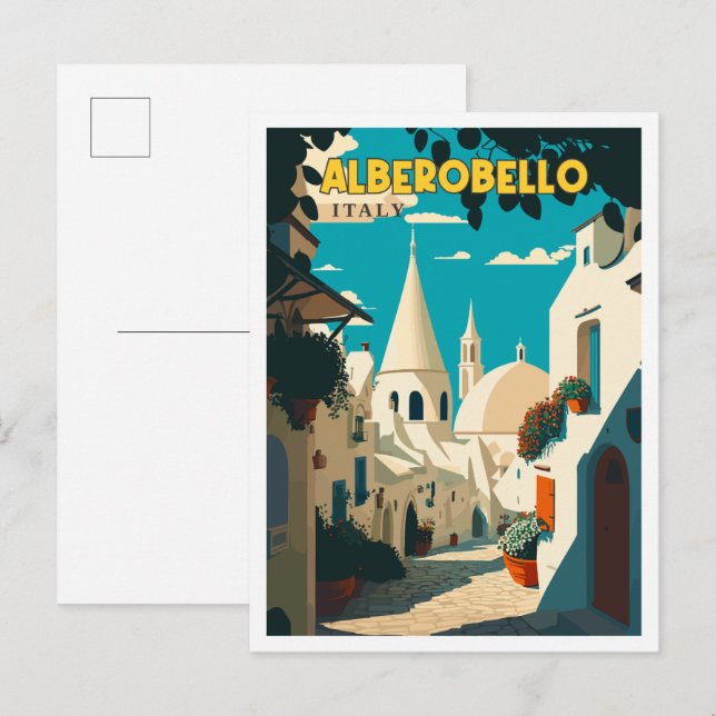 Carte Postale Illustration de voyage vintage Alberobello Italie (Devant / Derrière)