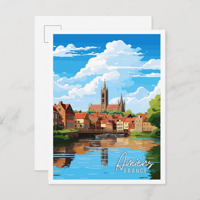 Carte Postale Illustration de voyage vintage Amiens France (Devant / Derrière)