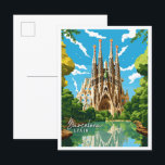 Carte Postale Illustration de voyage vintage Barcelone Espagne<br><div class="desc">Illustration du lieu de voyage vintage de Barcelone Espagne</div>