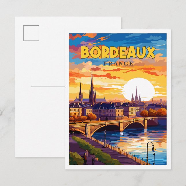 Carte Postale Illustration de voyage vintage Bordeaux France (Devant / Derrière)