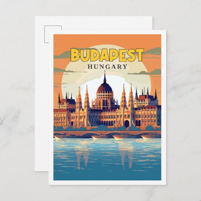 Carte Postale Illustration de voyage vintage Budapest Hungary (Devant / Derrière)