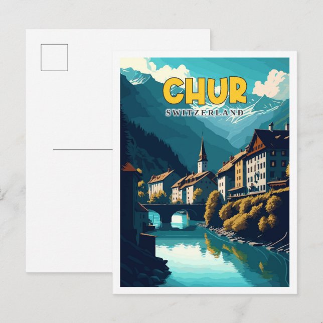 Carte Postale Illustration de voyage vintage Chur Switzerland (Devant / Derrière)