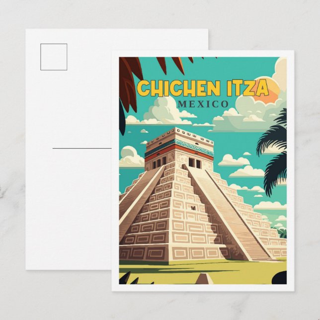 Carte Postale Illustration de voyage vintage de Chichen Itza Mex (Devant / Derrière)