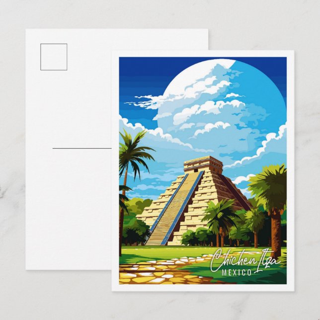 Carte Postale Illustration de voyage vintage de Chichen Itza Mex (Devant / Derrière)