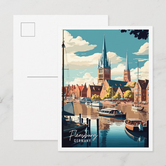 Carte Postale Illustration de voyage vintage Flensburg Allemagne (Devant / Derrière)