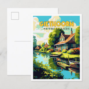 Carte Postale Illustration de voyage vintage Giethoorn Pays-Bas