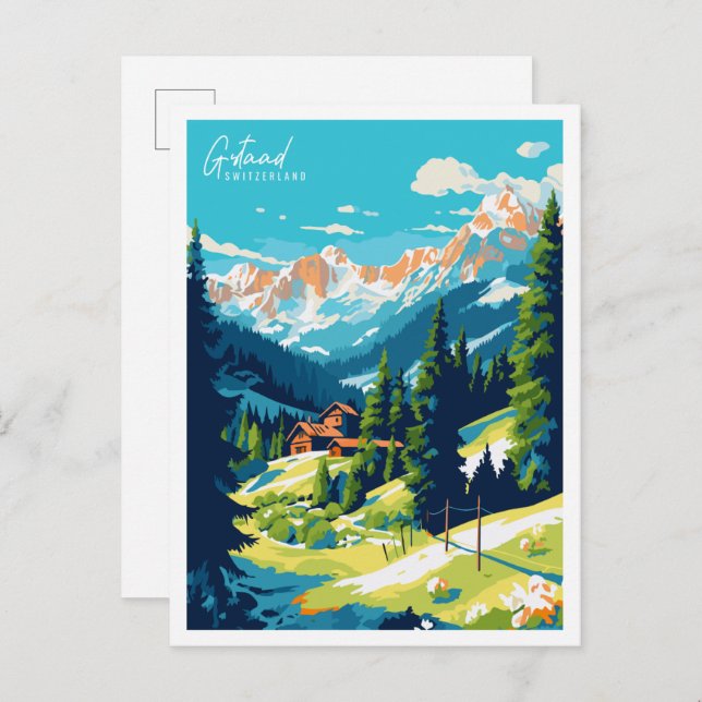 Carte Postale Illustration de voyage vintage Gstaadt Switzerland (Devant / Derrière)