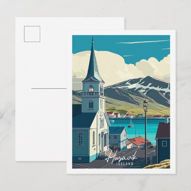 Carte Postale Illustration de voyage vintage Husavik Islande (Devant / Derrière)