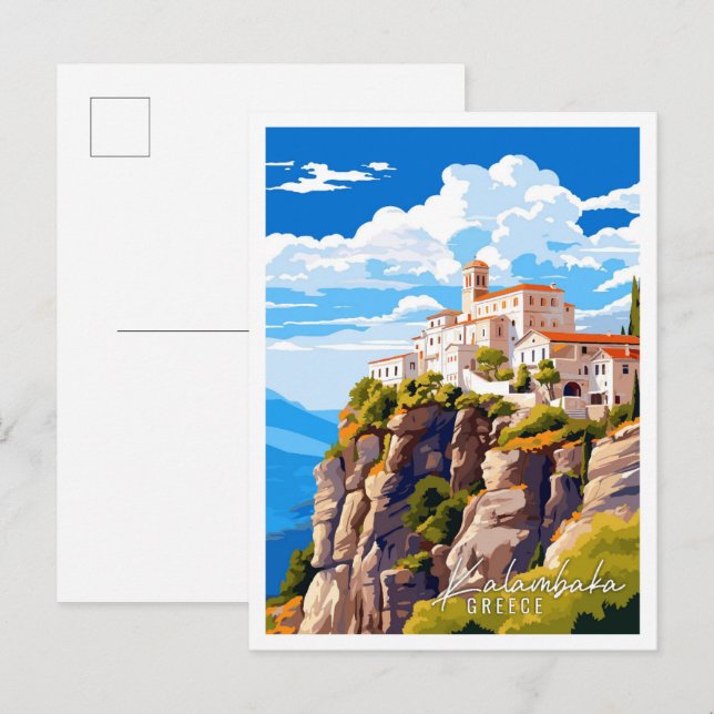 Carte Postale Illustration de voyage vintage Kalambaka Greece (Devant / Derrière)