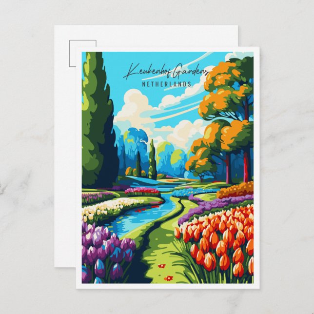 Carte Postale Illustration de voyage vintage Keukenhof Gardens (Devant / Derrière)
