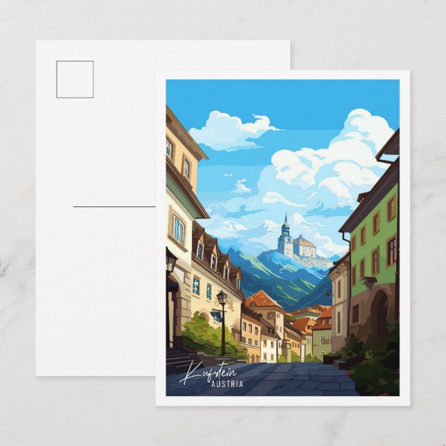 Carte Postale Illustration de voyage vintage Kufstein Autriche (Devant / Derrière)