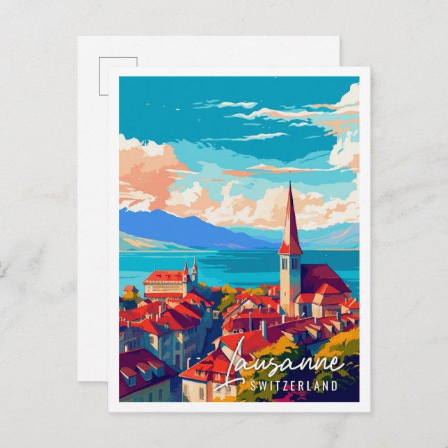 Carte Postale Illustration de voyage vintage Lausanne Suisse (Devant / Derrière)