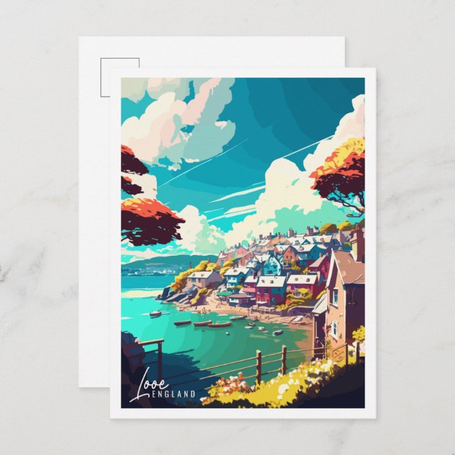 Carte Postale Illustration de voyage vintage Looe England (Devant / Derrière)