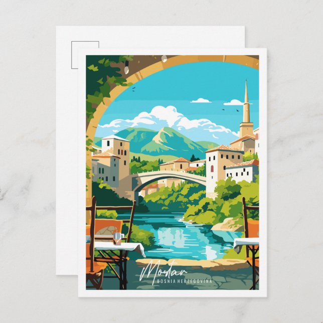 Carte Postale Illustration de voyage vintage Mostar Bosnie (Devant / Derrière)