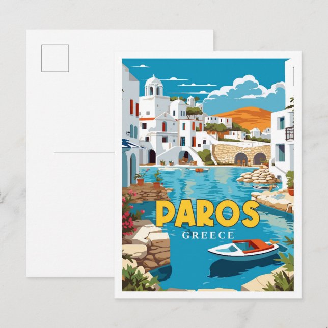 Carte Postale Illustration de voyage vintage Paros Greece (Devant / Derrière)