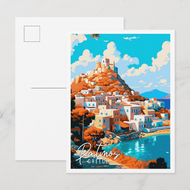 Carte Postale Illustration de voyage vintage Patmos Greece (Devant / Derrière)