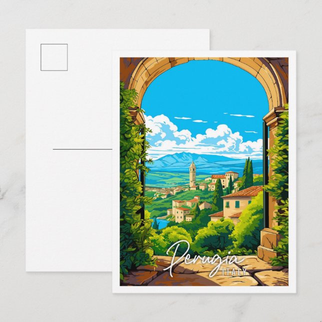 Carte Postale Illustration de voyage vintage Perugia Italie (Devant / Derrière)