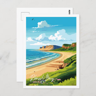 Carte Postale Illustration de voyage vintage Rhossili Bay Swanse