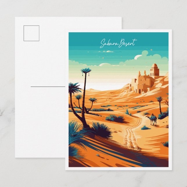 Carte Postale Illustration de voyage vintage Sahara Desert Afric (Devant / Derrière)