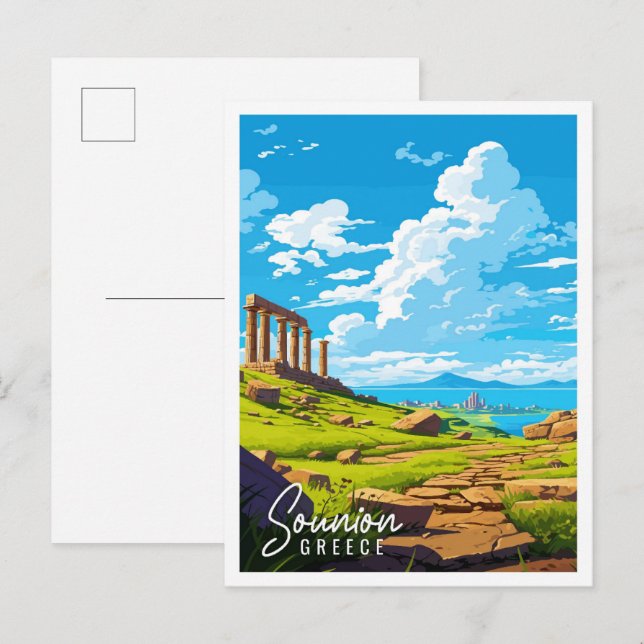 Carte Postale Illustration de voyage vintage Sounion Greece (Devant / Derrière)