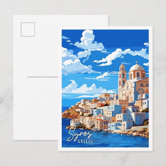 Carte Postale Illustration de voyage vintage Syros Greece (Devant / Derrière)