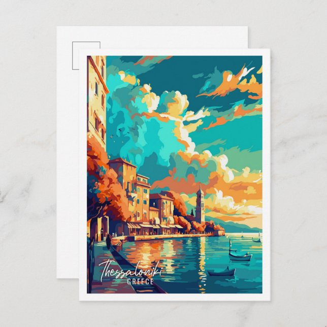 Carte Postale Illustration de voyage vintage Thessalonique Grèce (Devant / Derrière)