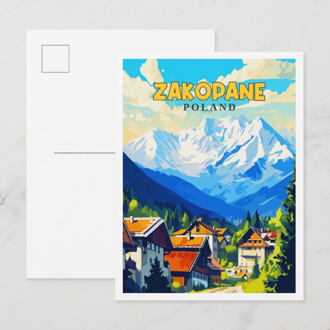 Carte Postale Illustration de voyage vintage Zakopane Pologne (Devant / Derrière)