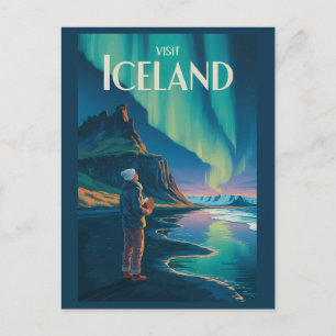 Carte Postale Illustration des aurores boréales d'Islande Art de